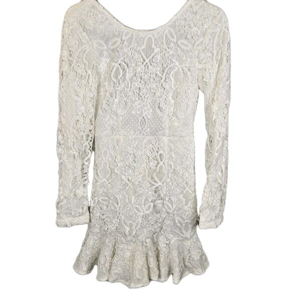 NWT Showpo Mini Lace Trim Open Tie Back White Dress Size 4 US Lace Long Sleeve - Picture 3 of 6